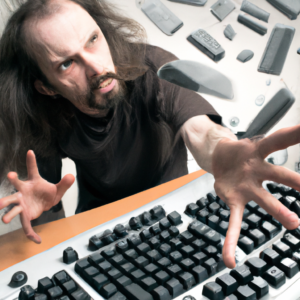 haggard computer user throws keyboard at computer screen