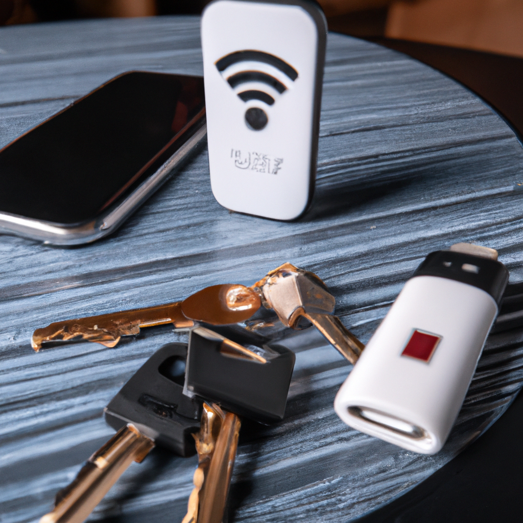 wifi router on a desk next to a set of keys on a keychain, and a smartphone