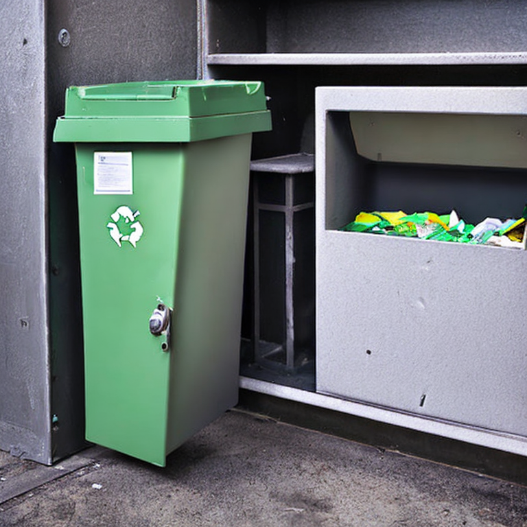 recycling bin in an open bank safe with a broken door