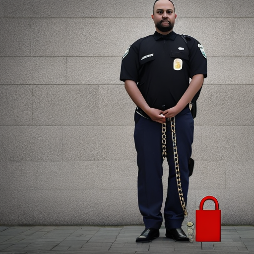 Security guard standing next to a laptop with a padlock and chain around it.
