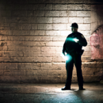 Police Officer shining a flashlight on a laptop, in a dark alley with creepy eyes in the shadows