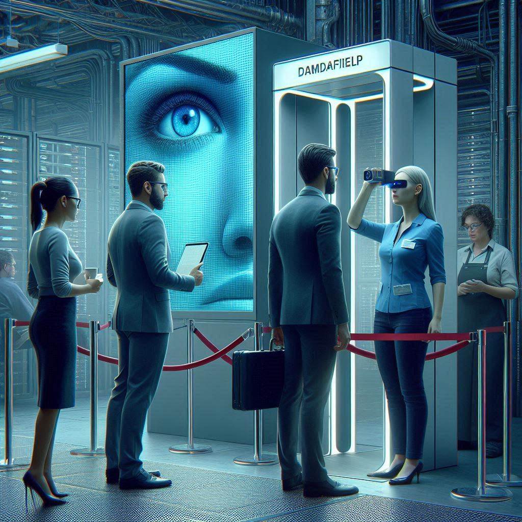 Photograph. a mantrap at a data center entrance. Midfield, a man and a woman wait in line while a staff member uses a retinal scanner to allow access.ultra high resolution, sharp, crisp details