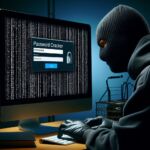 Image: An password cracker's lair. Focus: Computer screen with webpage, containing a login screen. Sidebar: a series of random characters streaming down the lenght of the screen. Hacker: Dark hoodie, ski mask, black nitrile gloves