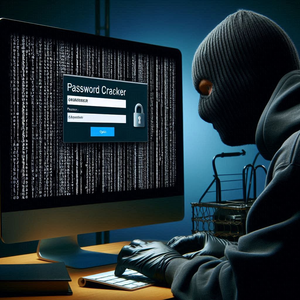 Image: An password cracker's lair. Focus: Computer screen with webpage, containing a login screen. Sidebar: a series of random characters streaming down the lenght of the screen. Hacker: Dark hoodie, ski mask, black nitrile gloves